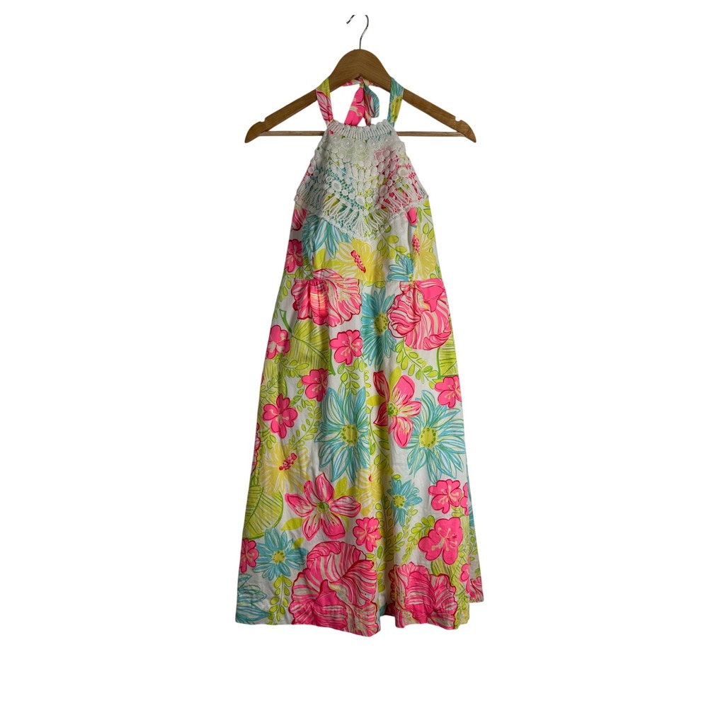 Preppy Lilly Pulitzer Women 14 Halter Dress‎ Pink Floral Crochet Lace Tropical